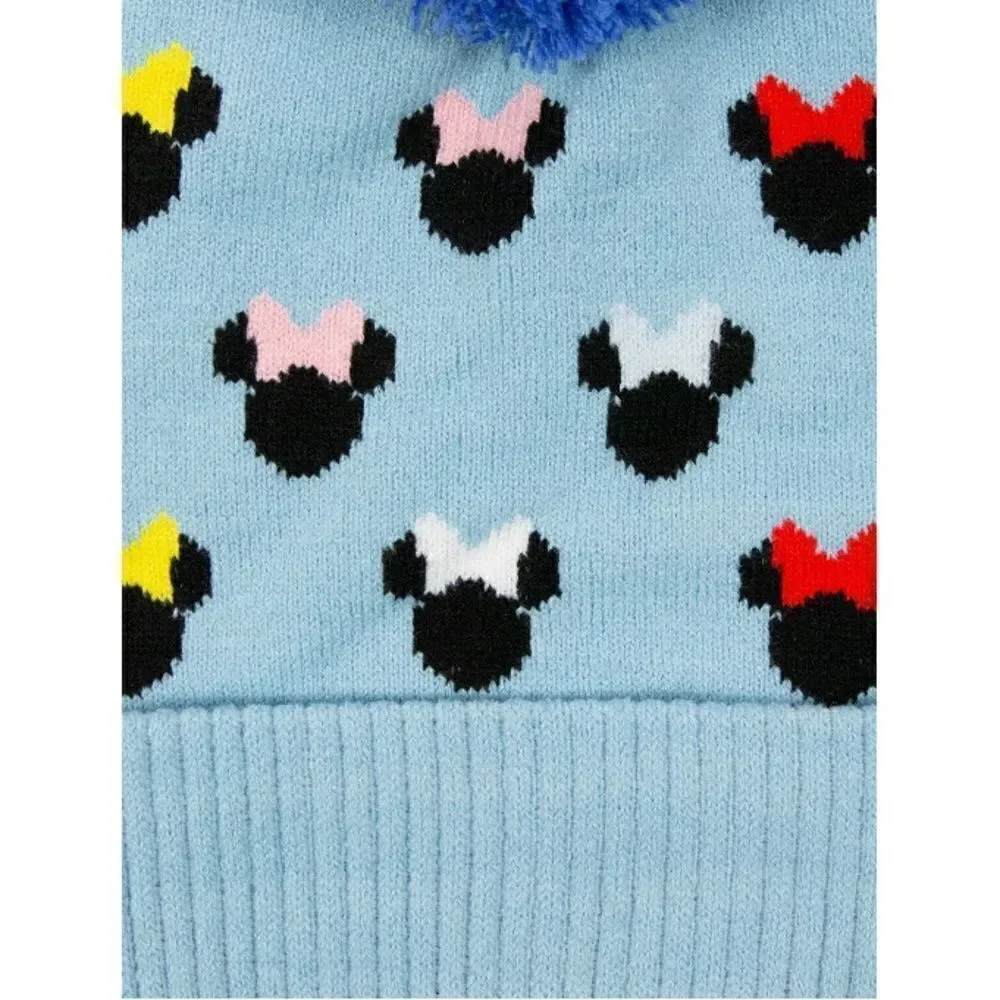 Baby Toddler Girls Minnie Mouse Knit Beanie Hat & Gloves Winter Cozy 2-Piece Set